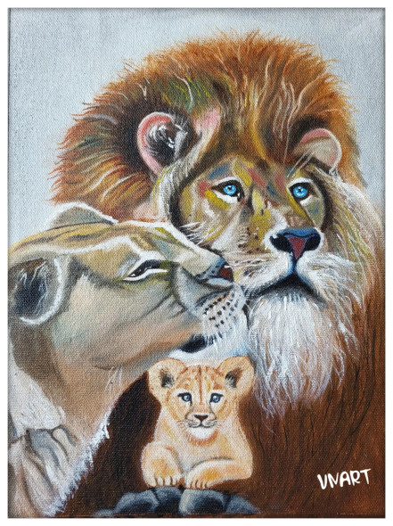 The Lion Family (ART-8606-103752) - Handpainted Art Painting - 8in X 12in