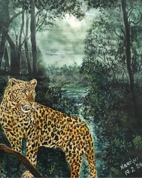 Leopard In The Moonlight (ART-8657-103851) - Handpainted Art Painting - 18in X 23in