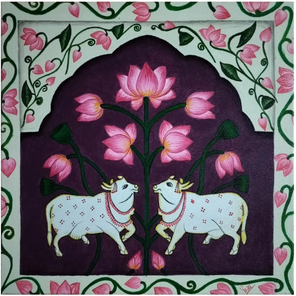 Kaam Dhenu Cows In Pichwai (ART-7383-103847) - Handpainted Art Painting - 16in X 16in