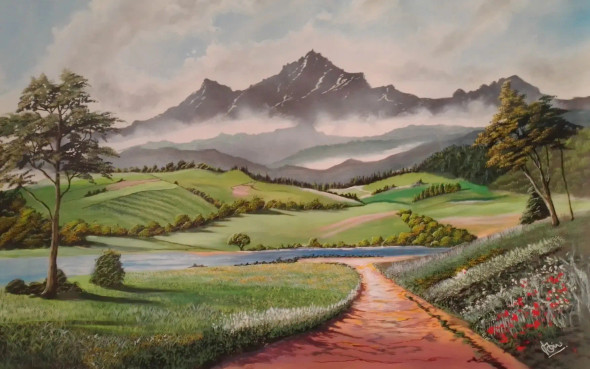 Fields Under Peaks (ART-5868-103839) - Handpainted Art Painting - 35in X 23in