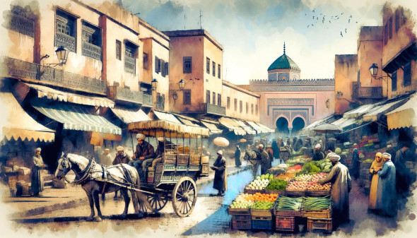 Watercolor Painting Of A 1900s Moroccan Street Scene (PRT-8907-103862) - Canvas Art Print - 18in X 10in