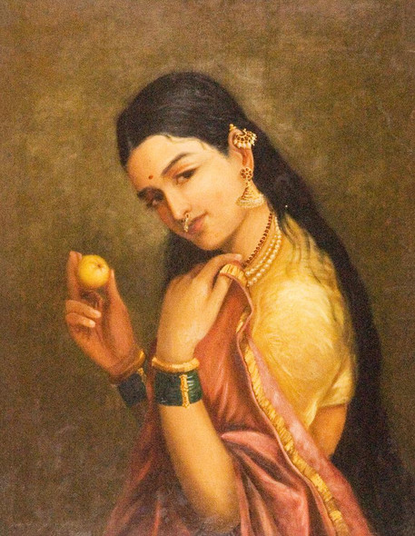 Woman Holding A Fruit By Raja Ravi Varma (PRT_10746) - Framed Canvas Art Print - 22in X 29in