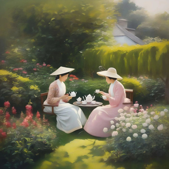 Women In The Garden (ART-15897-103912) - Handpainted Art Painting - 13in X 13in