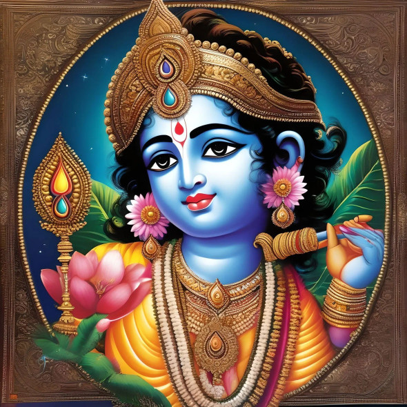 "Lord Krishna" (ART-15897-103911) - Handpainted Art Painting - 12in X 15in