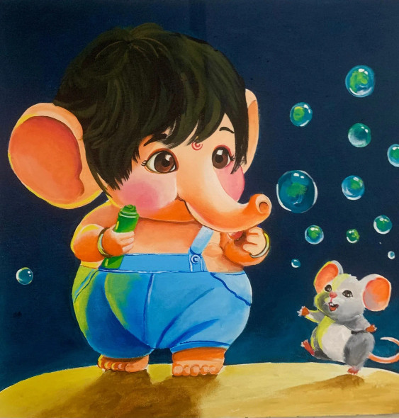 Ganesha With Bubbles (ART-15908-103951) - Handpainted Art Painting - 18in X 18in