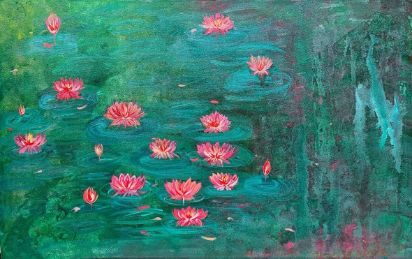 Beautiful Abstract Handmade Acrylic Colour Canvas Painting Of Pink Lotus SIZE - 90x60 Cms (ART-15886-103947) - Handpainted Art Painting - 36in X 24in