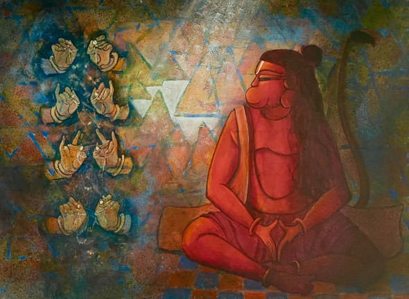 Hanumans Devotion (ART-5220-104011) - Handpainted Art Painting - 40in X 32in