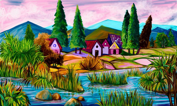 Lake And Huts (PRT-15898-104001) - Canvas Art Print - 42in X 26in