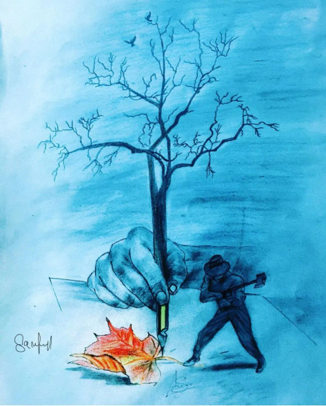 Cutting Trees (ART-15770-104013) - Handpainted Art Painting - 8in X 8in