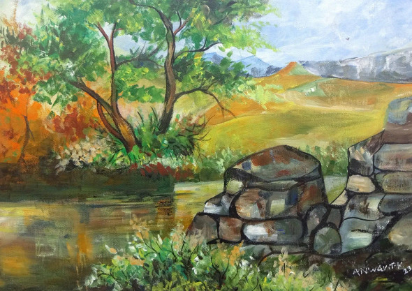 Rocks And Lake (ART-15898-104026) - Handpainted Art Painting - 19in X 13in