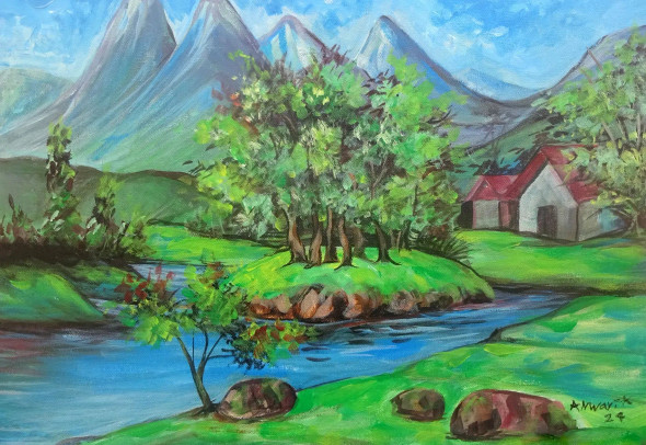Small Trees And Lake (ART-15898-104024) - Handpainted Art Painting - 20in X 13in