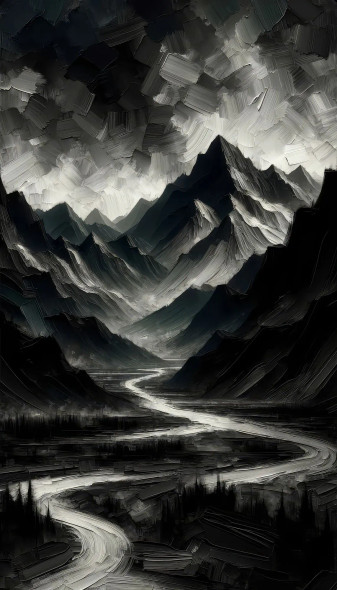Midnight Serenity: Abstract Impasto Landscape In Black And Dark Shades (PRT-15697-104072) - Canvas Art Print - 24in X 42in