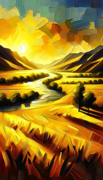 Amber Serenity: Abstract Impasto Landscape In Yellow And Brown Shades (PRT-15697-104079) - Canvas Art Print - 24in X 42in