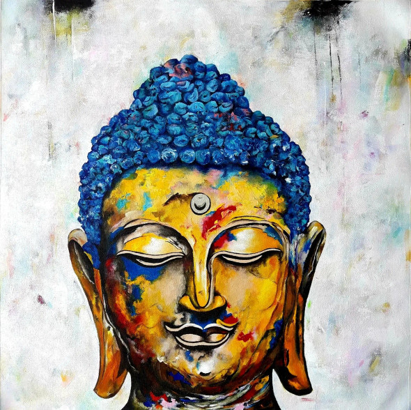 Gautam Buddha With White And Light Colour Background (ART-8034-104048) - Handpainted Art Painting - 20in X 20in