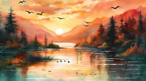 Sunset Lake 1 (PRT-7809-104117) - Canvas Art Print - 12in X 7in