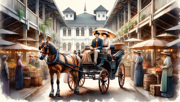 Enchanting Old English Town Scene With Horse Carriage (PRT-8907-104133) - Canvas Art Print - 24in X 14in