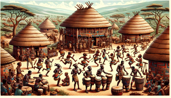 Vibrant African Tribal Dance Celebration (PRT-8907-104150) - Canvas Art Print - 24in X 14in