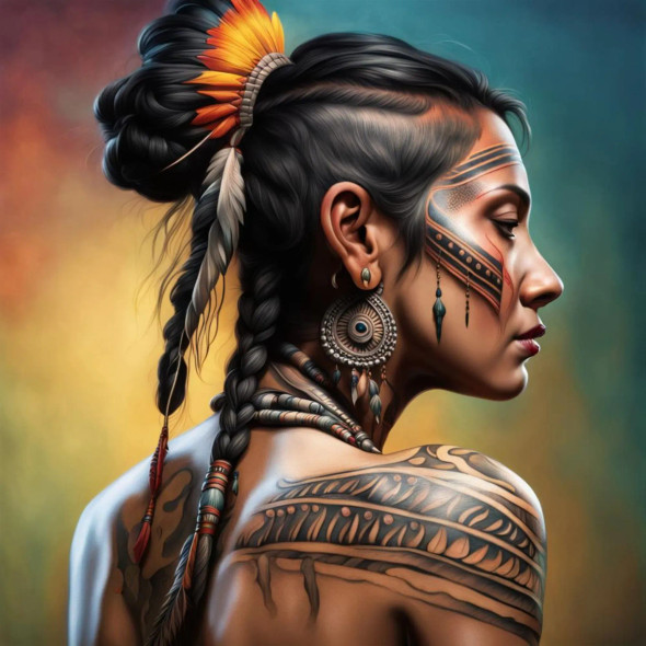A Tribal Lady With Intricate Tattoos (PRT-15676-104201) - Canvas Art Print - 18in X 18in