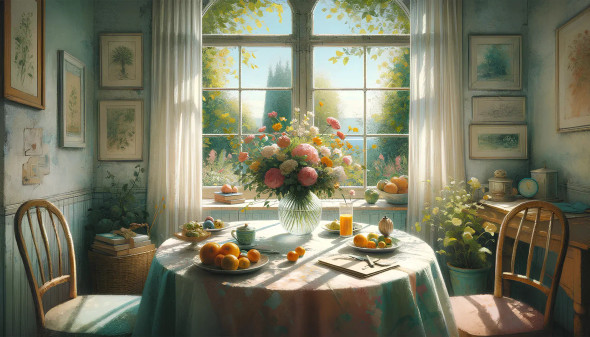 Serene Garden View Through A Pastel-Watercolor Window: An Artistic Homage In Gentle Hues (PRT-8907-104204) - Canvas Art Print - 24in X 14in
