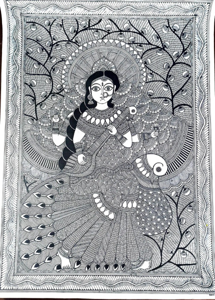 Madhubani Style Maa Saraswati (ART-15948-104264) - Handpainted Art Painting - 20in X 28in