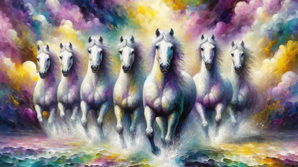 Ethereal Equine Symphony: Galloping Horses In Mystical Waters (PRT-15697-104285) - Canvas Art Print - 60in X 34in