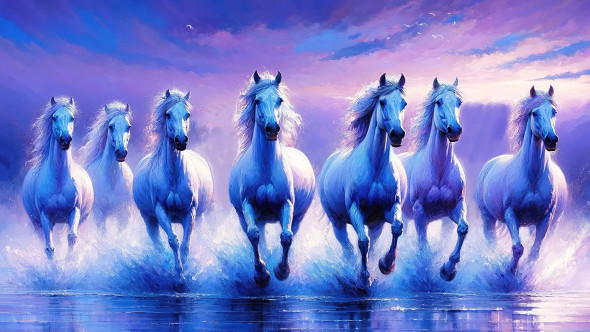 Ethereal Equine Ballet: Serene Galloping Horses In Mystical Waters (PRT-15697-104277) - Canvas Art Print - 60in X 34in