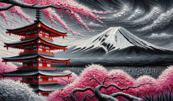 Fuji's Timeless Grace Amidst The Ephemeral Beauty Of Blossoms. (PRT-15697-104297) - Canvas Art Print - 48in X 28in