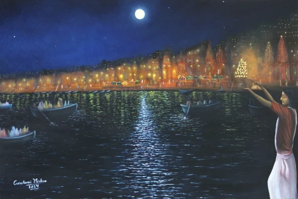 Varanasi Ganga Ghat At Night (ART-976-104303) - Handpainted Art Painting - 36in X 24in