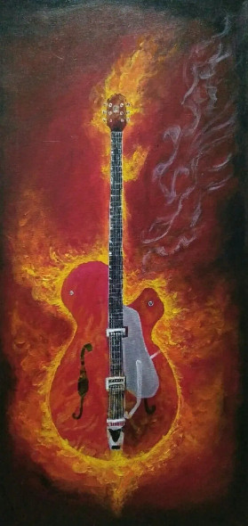 Fire Guitar Painting (ART-15981-104284) - Handpainted Art Painting - 12in X 24in