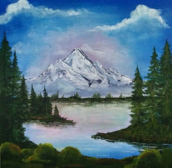 Snow Mountain View (ART-15981-104281) - Handpainted Art Painting - 18in X 18in