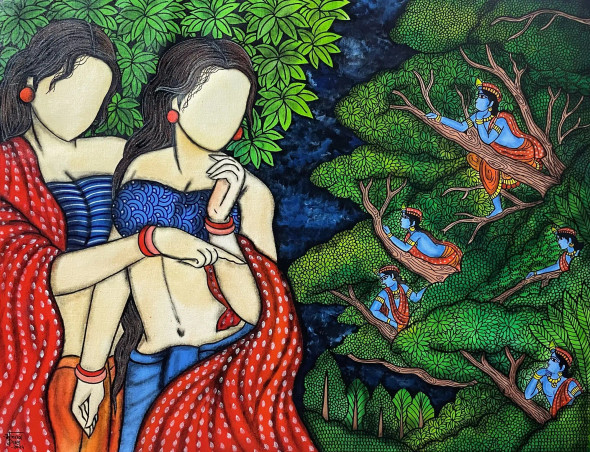 Kadamb Kreeda (ART-7129-104334) - Handpainted Art Painting - 42in X 32in