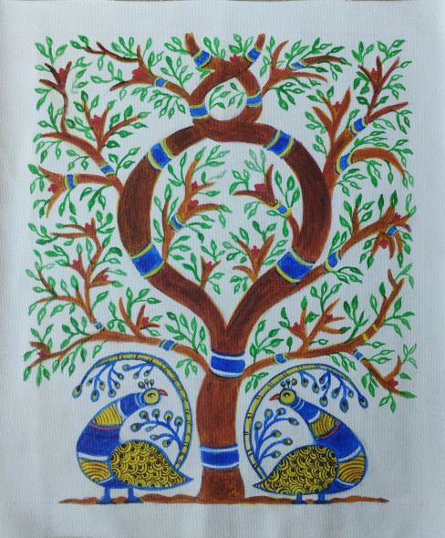 INDIAN FOLK ART (ART-15971-104348) - Handpainted Art Painting - 13in X 17in