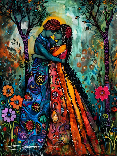 Tender Embrace: Radha And Krishna In The Forest (PRT-8658-104365) - Canvas Art Print - 18in X 24in