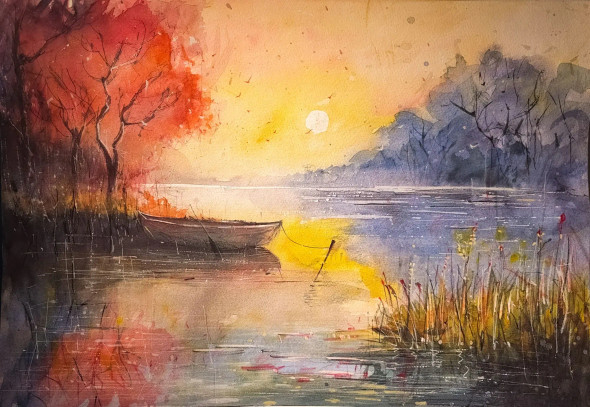 Morning Serenity: Boat On The Lake, Watercolor On Paper (ART-8658-104408) - Handpainted Art Painting - 17in X 11in