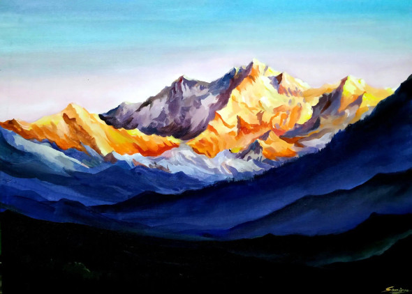 Beauty Of Kanchenjunga Sunrise (ART-1232-104374) - Handpainted Art Painting - 27in X 20in