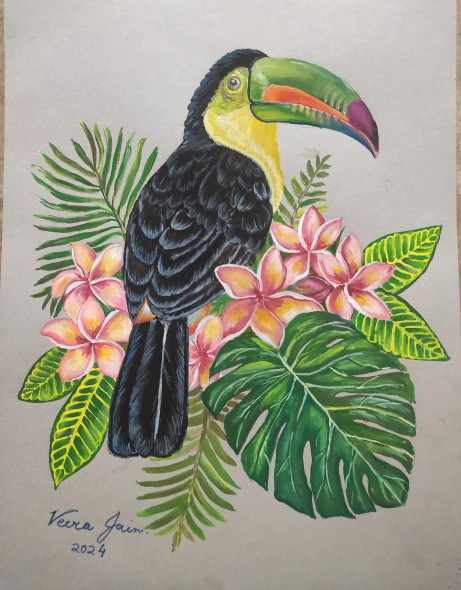 Rainbow Billed Toucan (ART-3827-104401) - Handpainted Art Painting - 12in X 16in