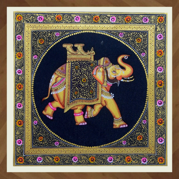 Original Miniature Painting Of Elephant (ART-15992-104377) - Handpainted Art Painting - 8in X 8in