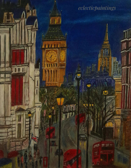 Night Falls On Trafalagar Square (ART-15984-104366) - Handpainted Art Painting - 11in X 14in