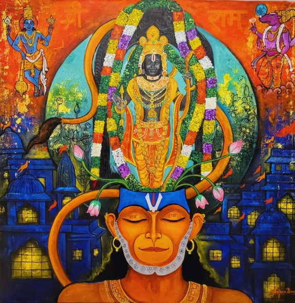 Ram Bhakt Hanuman (ART-82-104506) - Handpainted Art Painting - 48in X 48in