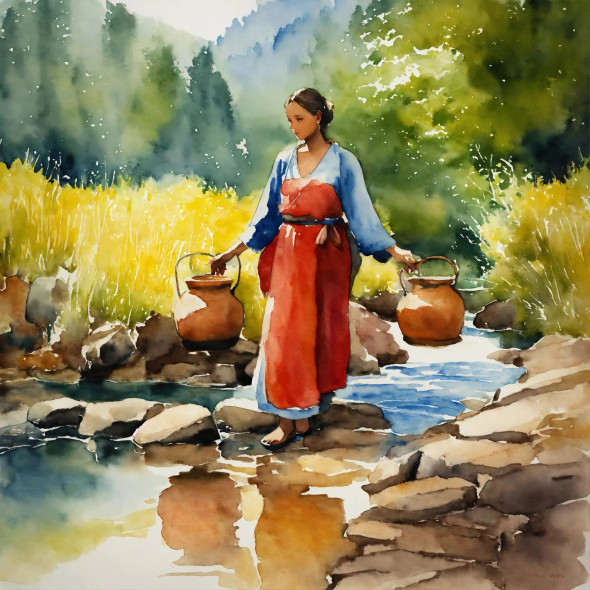 Woman Fetching Water (PRT-8991-104818) - Canvas Art Print - 60in X 60in