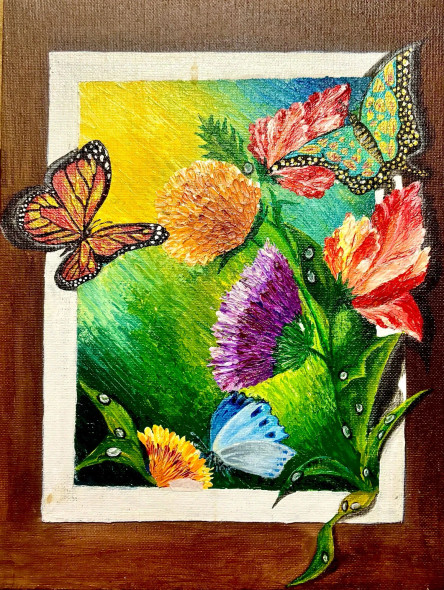 Blooming Flowers And Fluttering Butterflies (ART-8271-104492) - Handpainted Art Painting - 9in X 12in