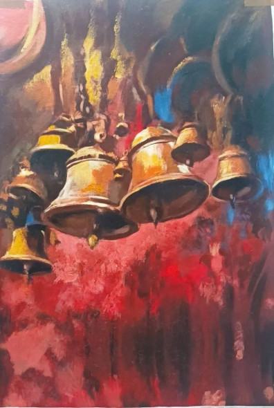 Hindu Temple Bells (ART-7699-104734) - Handpainted Art Painting - 20in X 27in