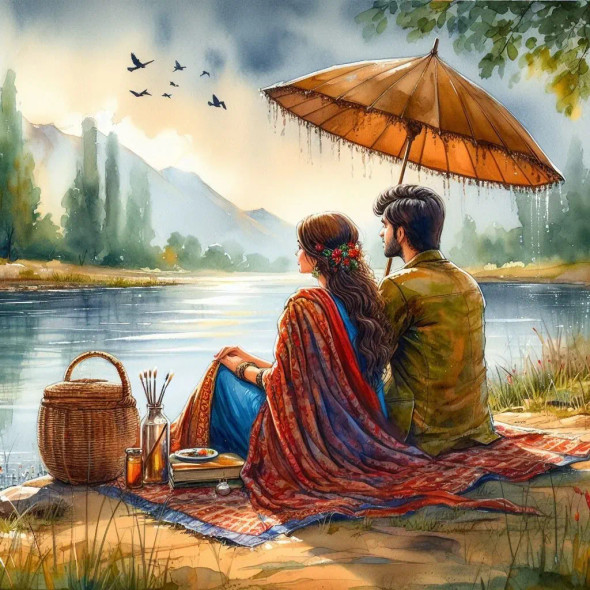 Couple Romance Lake 2 (PRT-8991-104957) - Canvas Art Print - 60in X 60in