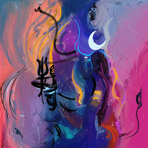 Lord Shiva With Nandi Abstract Painting (ART-3053-104975) - Handpainted Art Painting - 24in X 24in