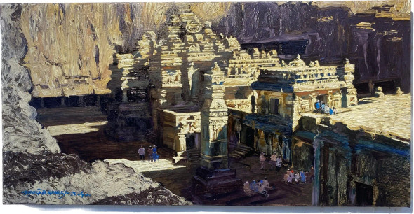 Morning Glory Of Kailash Temple (ART-16054-104974) - Handpainted Art Painting - 30in X 18in