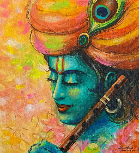 Krishna Painting (ART-3512-104971) - Handpainted Art Painting - 10in X 11in