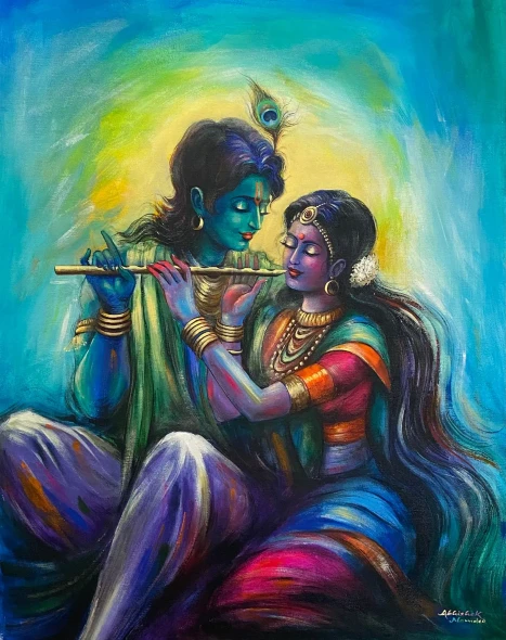 Radhakrishna (ART-3512-104970) - Handpainted Art Painting - 24in X 30in
