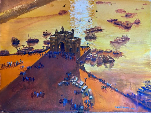Indian Monuments Attraction Of Gateway Of India (ART-16054-104993) - Handpainted Art Painting - 23in X 34in