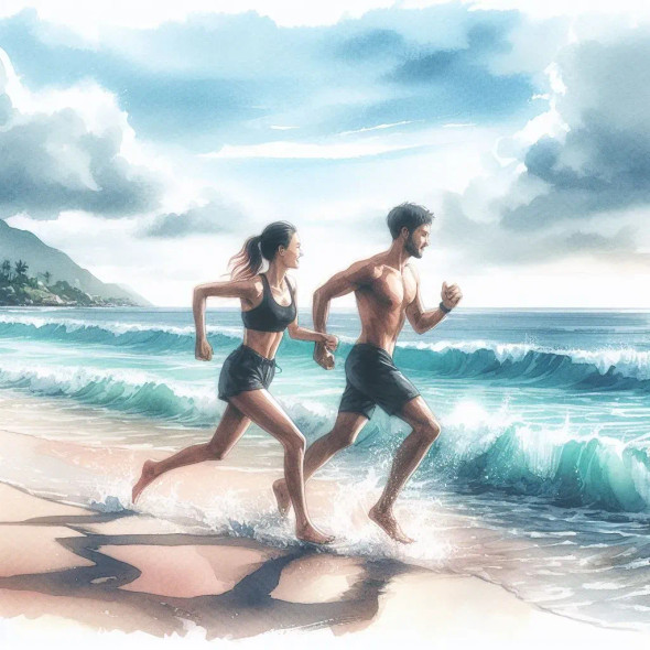 Couple Beach Run (PRT-8991-105042) - Canvas Art Print - 60in X 60in