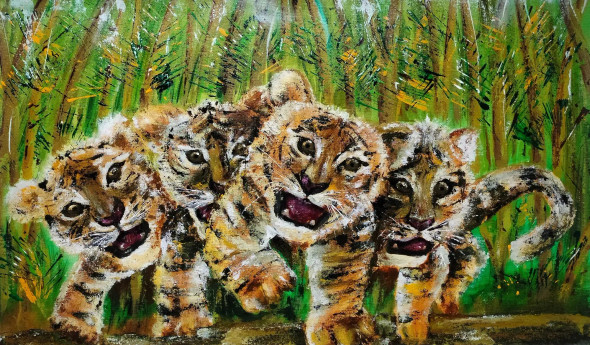 Tiger Cubs By Knife (ART-16064-105080) - Handpainted Art Painting - 30in X 16in